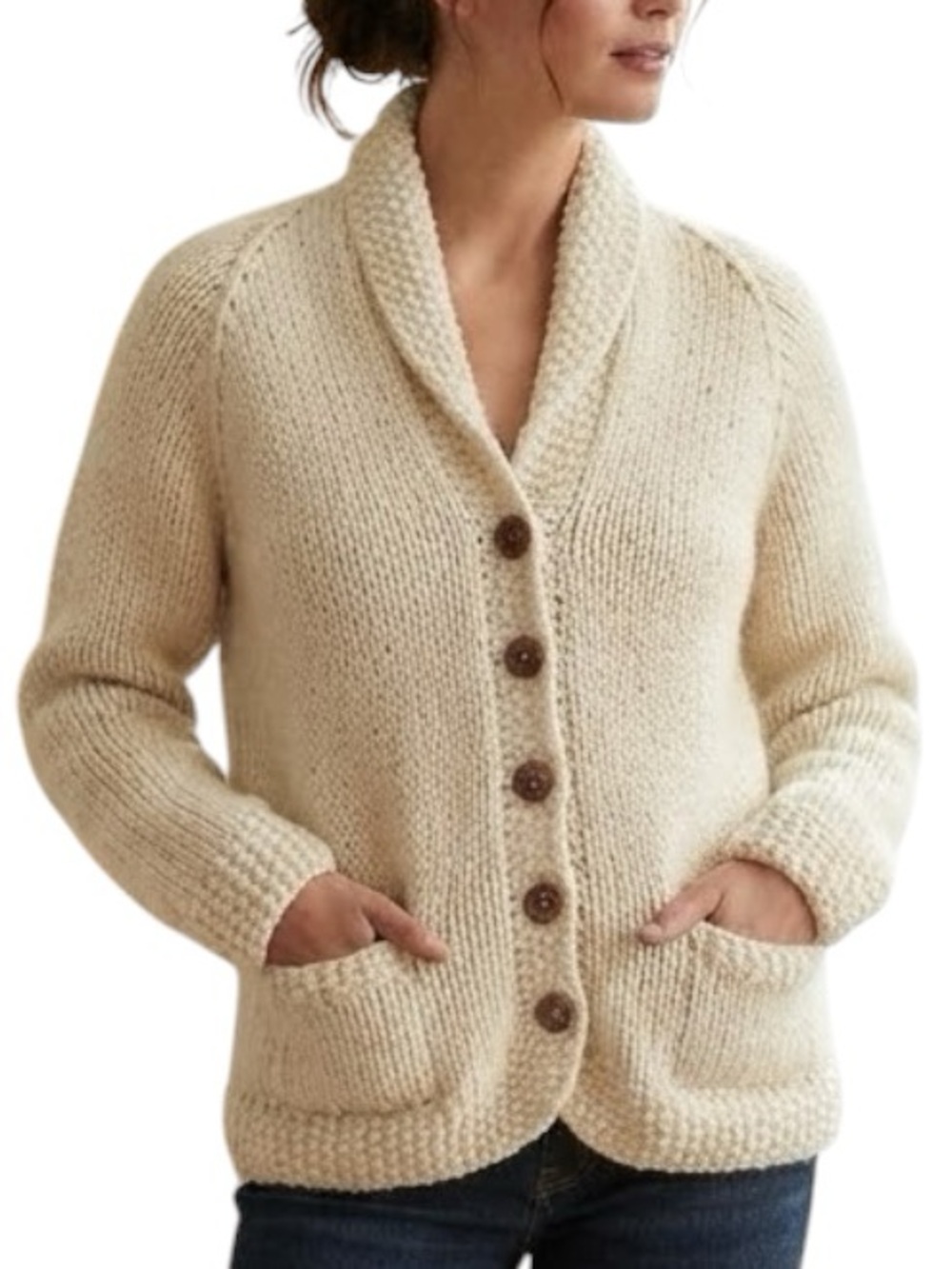 VINTAGE Cream Hand Knit Chunky Shawl Collar Button Cardigan Sweater S M